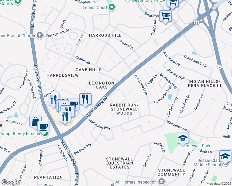 map of restaurants, bars, coffee shops, grocery stores, and more near 3524 Rabbits Foot Trail in Lexington