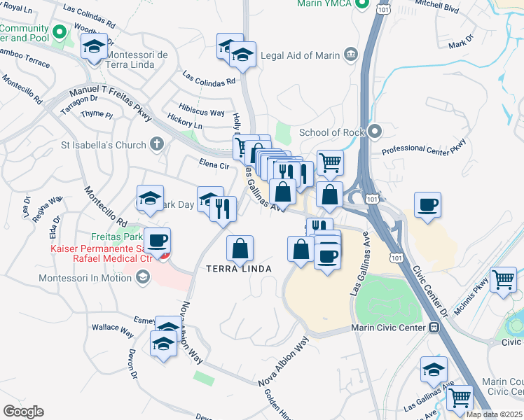 map of restaurants, bars, coffee shops, grocery stores, and more near 845 Las Gallinas Avenue in San Rafael