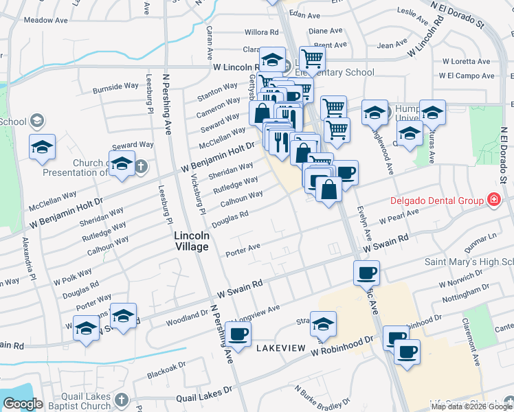 map of restaurants, bars, coffee shops, grocery stores, and more near 1110 Calhoun Way in Stockton