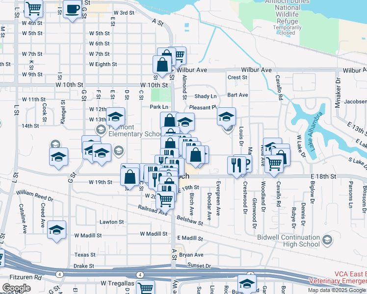 map of restaurants, bars, coffee shops, grocery stores, and more near 28 East 15th Street in Antioch