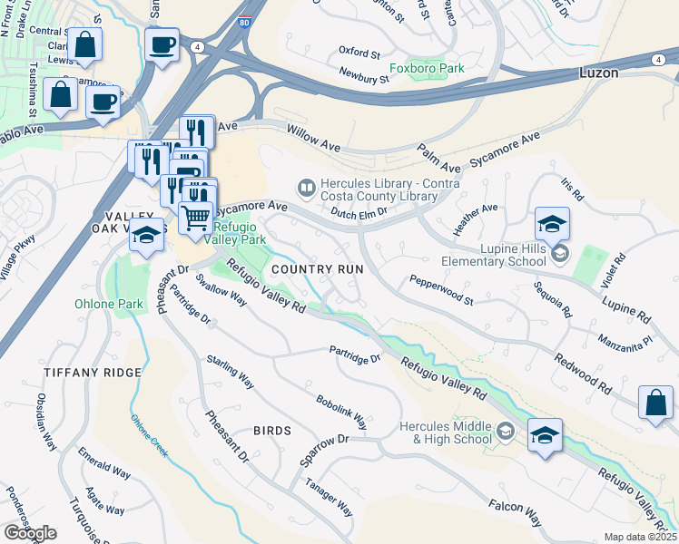 map of restaurants, bars, coffee shops, grocery stores, and more near 5 Moraine Court in Hercules