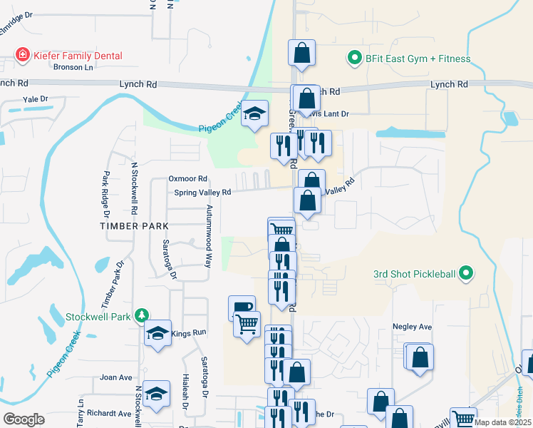 map of restaurants, bars, coffee shops, grocery stores, and more near 3213 Tamarack Court in Evansville
