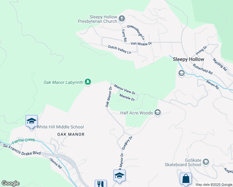 map of restaurants, bars, coffee shops, grocery stores, and more near 612 Oak Manor Drive in Fairfax