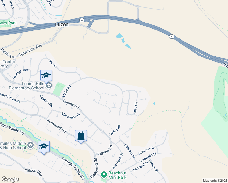 map of restaurants, bars, coffee shops, grocery stores, and more near 130 Goldenrod Drive in Hercules
