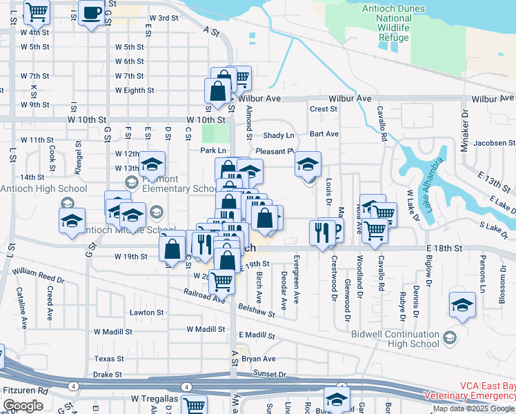 map of restaurants, bars, coffee shops, grocery stores, and more near 28 E 15th St in Antioch