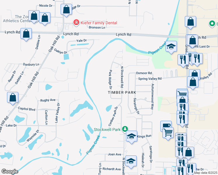 map of restaurants, bars, coffee shops, grocery stores, and more near 3208 Park Ridge Drive in Evansville