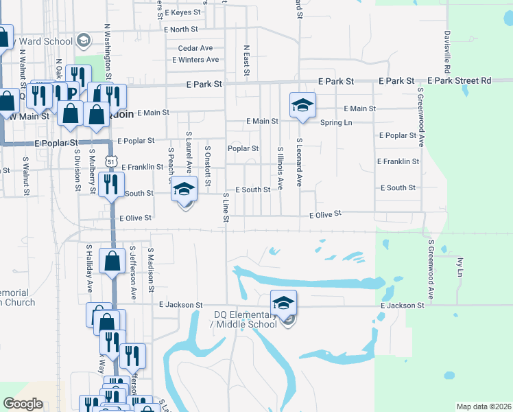 map of restaurants, bars, coffee shops, grocery stores, and more near 300-334 South Blackburn Street in Du Quoin