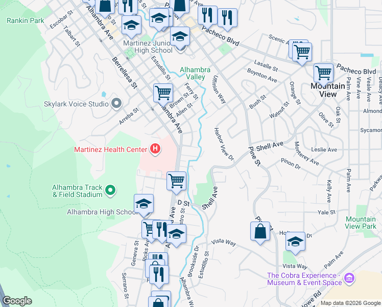 map of restaurants, bars, coffee shops, grocery stores, and more near 513 Arch Street in Martinez