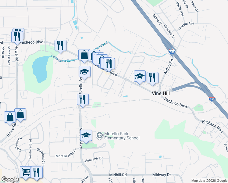 map of restaurants, bars, coffee shops, grocery stores, and more near 3898 Mac Murtry Court in Martinez