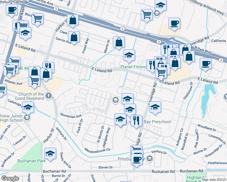 map of restaurants, bars, coffee shops, grocery stores, and more near 2231 Lynbrook Drive in Pittsburg