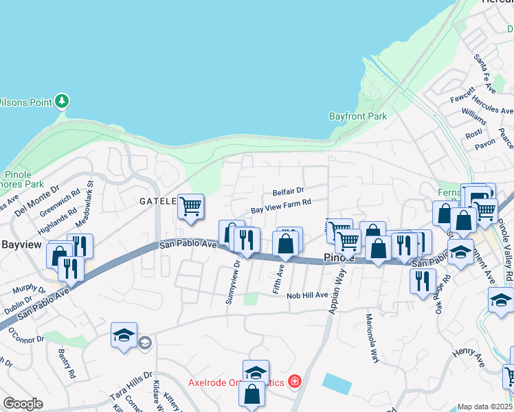map of restaurants, bars, coffee shops, grocery stores, and more near 1060 Bay View Farm Road in Pinole