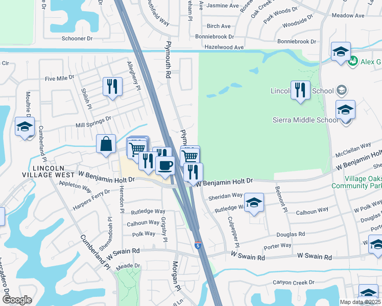 map of restaurants, bars, coffee shops, grocery stores, and more near 6721 Plymouth Road in Stockton