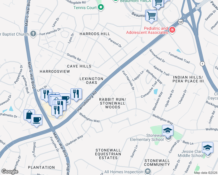 map of restaurants, bars, coffee shops, grocery stores, and more near 3524 Rabbits Foot Trail in Lexington
