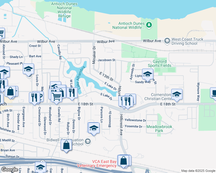 map of restaurants, bars, coffee shops, grocery stores, and more near 104 East Lake Drive in Antioch
