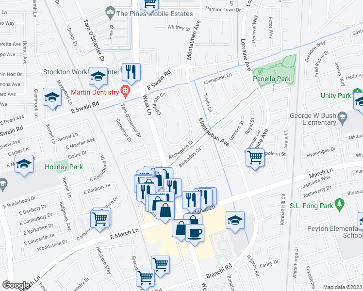 map of restaurants, bars, coffee shops, grocery stores, and more near 5755 Caribbean Circle in Stockton