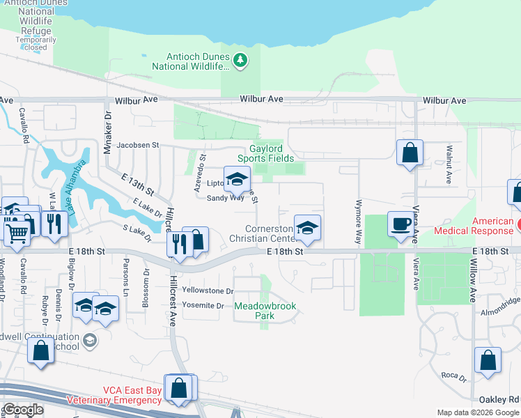 map of restaurants, bars, coffee shops, grocery stores, and more near 1413 Hargrove Street in Antioch