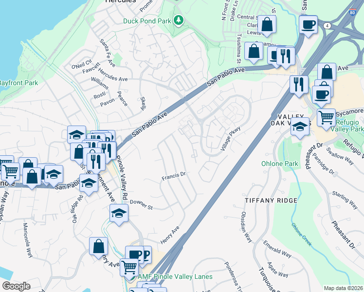 map of restaurants, bars, coffee shops, grocery stores, and more near 2675 Alice Way in Hercules