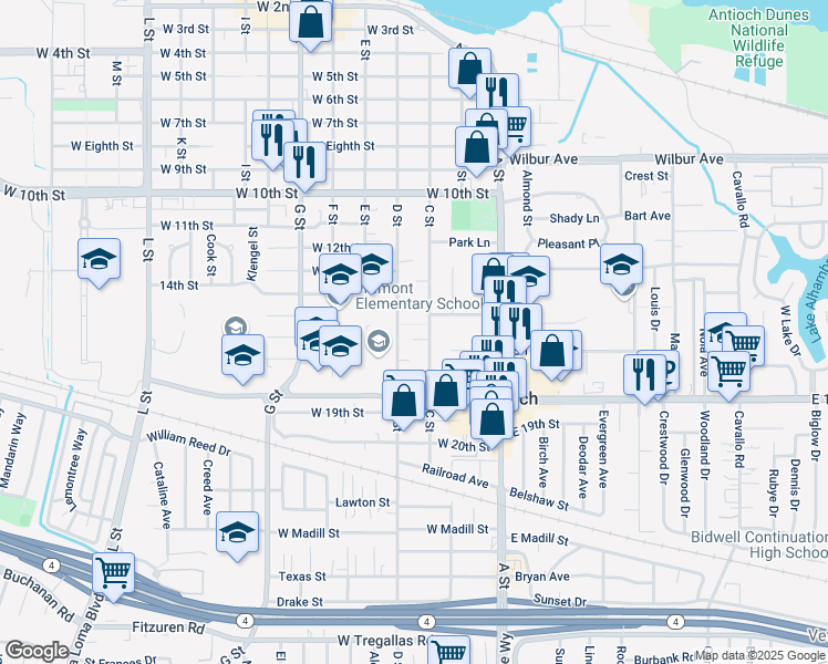 map of restaurants, bars, coffee shops, grocery stores, and more near 1511 D Street in Antioch