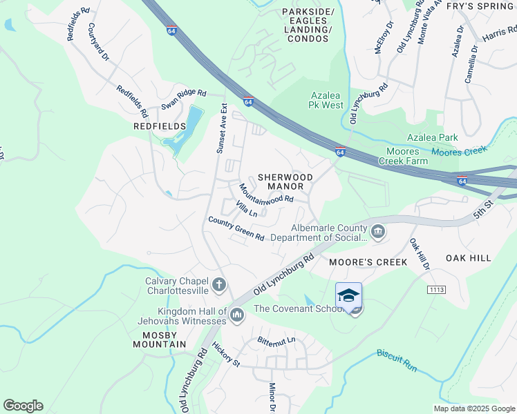 map of restaurants, bars, coffee shops, grocery stores, and more near 1234 Villa Lane in Charlottesville
