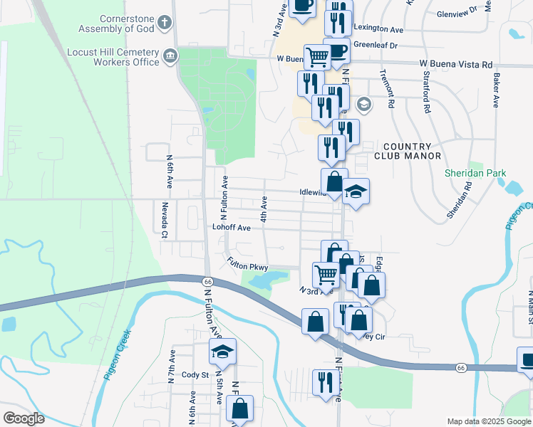 map of restaurants, bars, coffee shops, grocery stores, and more near 932 Allens Lane in Evansville