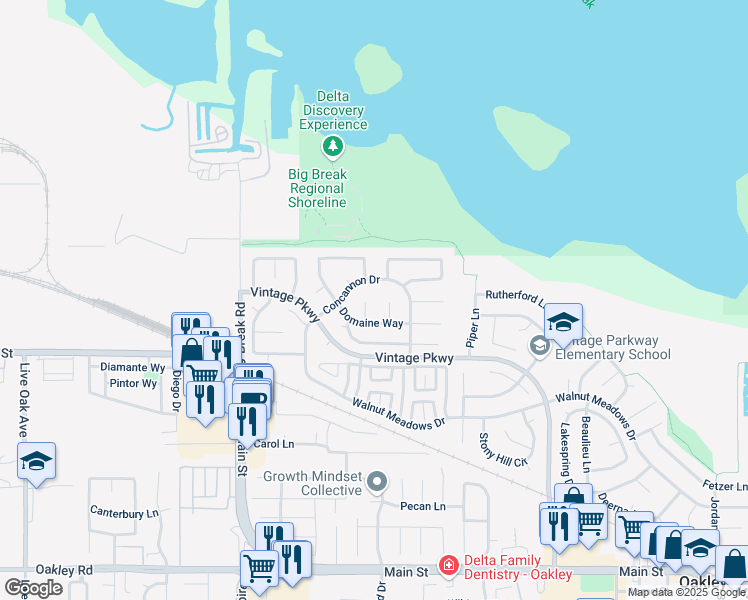 map of restaurants, bars, coffee shops, grocery stores, and more near 34 Mondavi Court in Oakley
