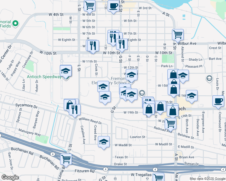 map of restaurants, bars, coffee shops, grocery stores, and more near 622 West 16th Street in Antioch