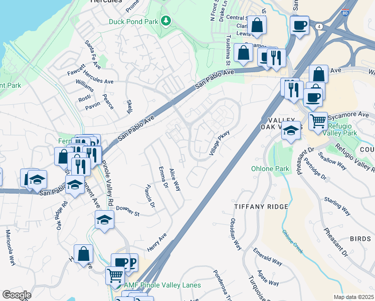 map of restaurants, bars, coffee shops, grocery stores, and more near 207 Village Parkway in Hercules
