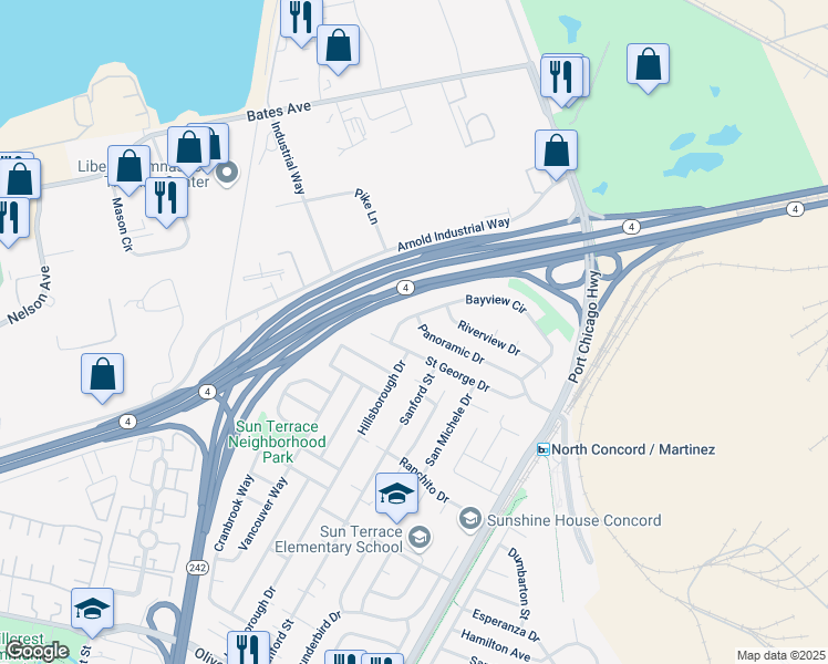 map of restaurants, bars, coffee shops, grocery stores, and more near 2265 Panoramic Drive in Concord