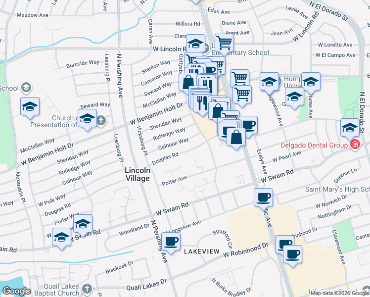 map of restaurants, bars, coffee shops, grocery stores, and more near 1110 Calhoun Way in Stockton