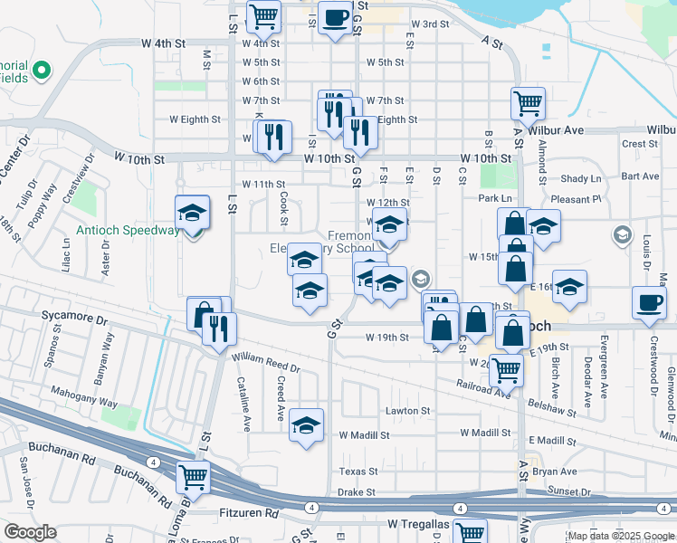 map of restaurants, bars, coffee shops, grocery stores, and more near 622 West 16th Street in Antioch