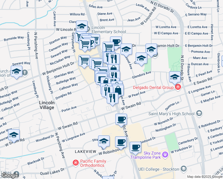 map of restaurants, bars, coffee shops, grocery stores, and more near 6283 Pacific Avenue in Stockton