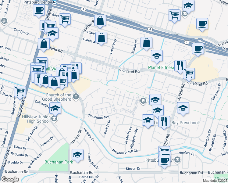 map of restaurants, bars, coffee shops, grocery stores, and more near 165 Tiki Lane in Pittsburg