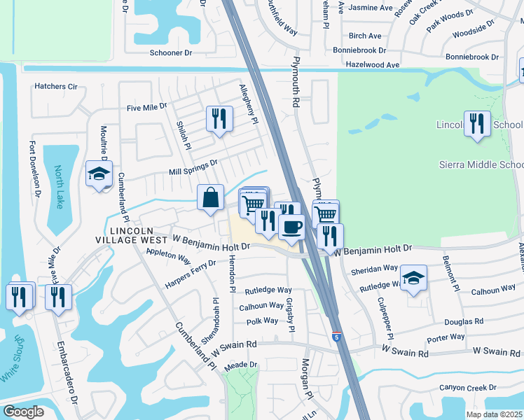 map of restaurants, bars, coffee shops, grocery stores, and more near 3254 Blue Ridge Circle in Stockton