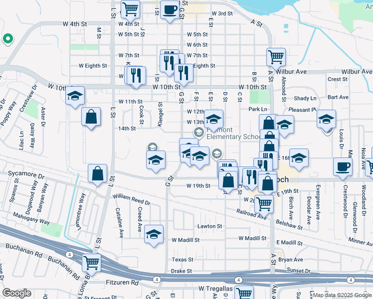 map of restaurants, bars, coffee shops, grocery stores, and more near 518 West 16th Street in Antioch