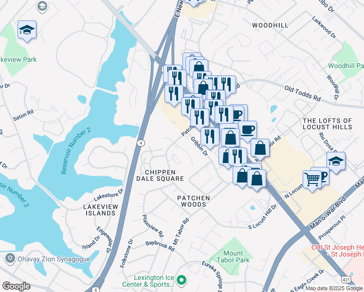 map of restaurants, bars, coffee shops, grocery stores, and more near 201 Patchen Drive in Lexington