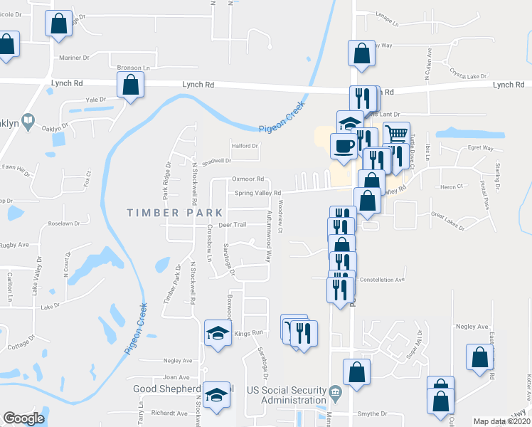 map of restaurants, bars, coffee shops, grocery stores, and more near 4217 Saddlebrook Lane in Evansville