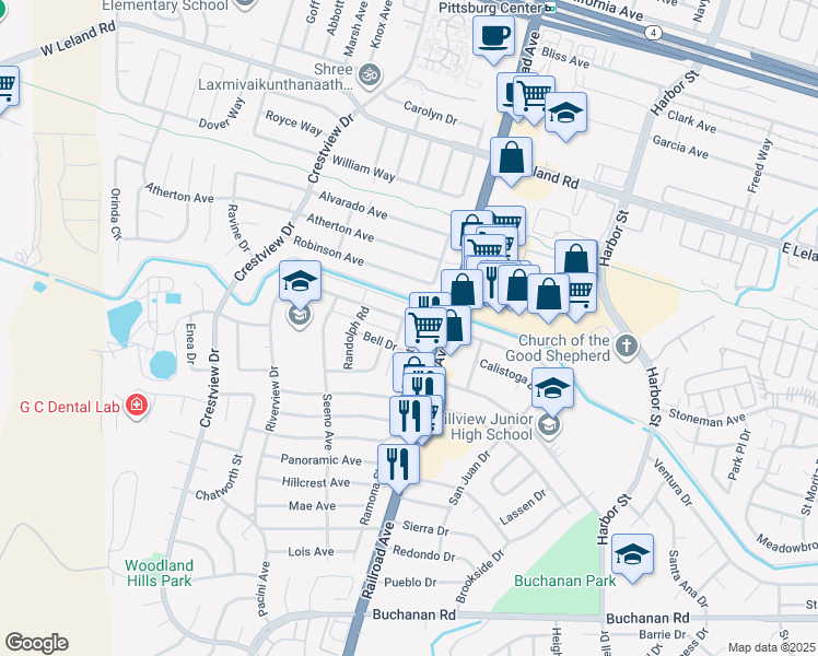 map of restaurants, bars, coffee shops, grocery stores, and more near 185 Madoline Street in Pittsburg