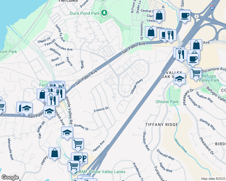 map of restaurants, bars, coffee shops, grocery stores, and more near 203 Glenwood in Hercules