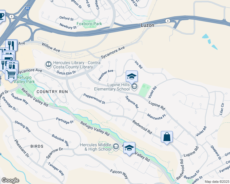 map of restaurants, bars, coffee shops, grocery stores, and more near 1872 Lupine Road in Hercules