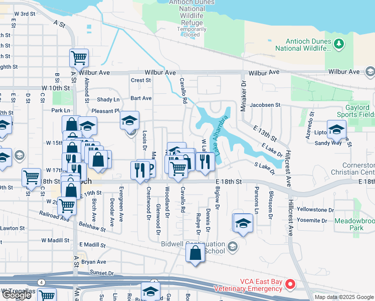 map of restaurants, bars, coffee shops, grocery stores, and more near 1617 Cavallo Road in Antioch
