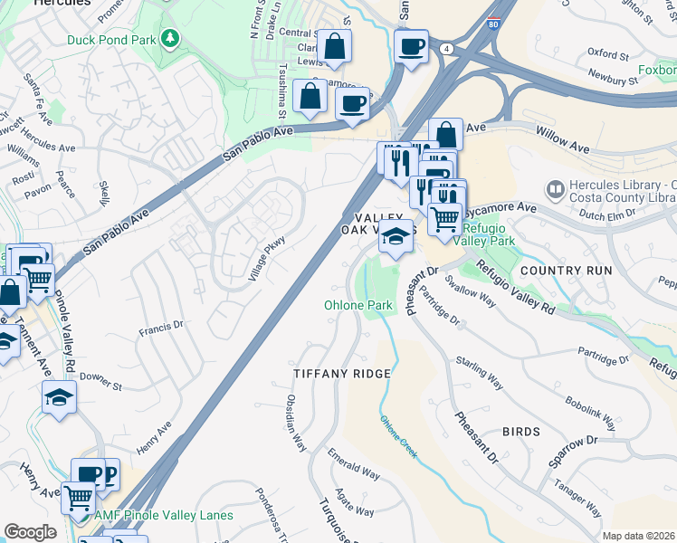 map of restaurants, bars, coffee shops, grocery stores, and more near 109 Jasper Court in Hercules