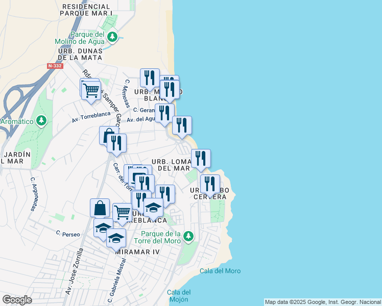 map of restaurants, bars, coffee shops, grocery stores, and more near 1F Calle Ávila in Torrevieja