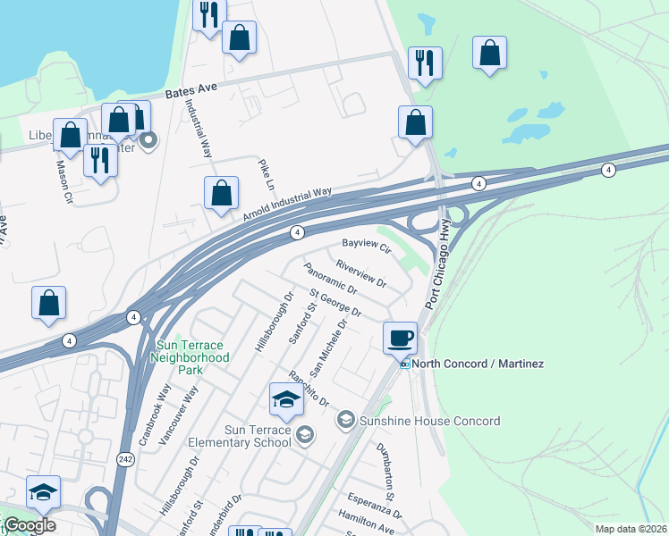 map of restaurants, bars, coffee shops, grocery stores, and more near 2301 Riverview Drive in Concord
