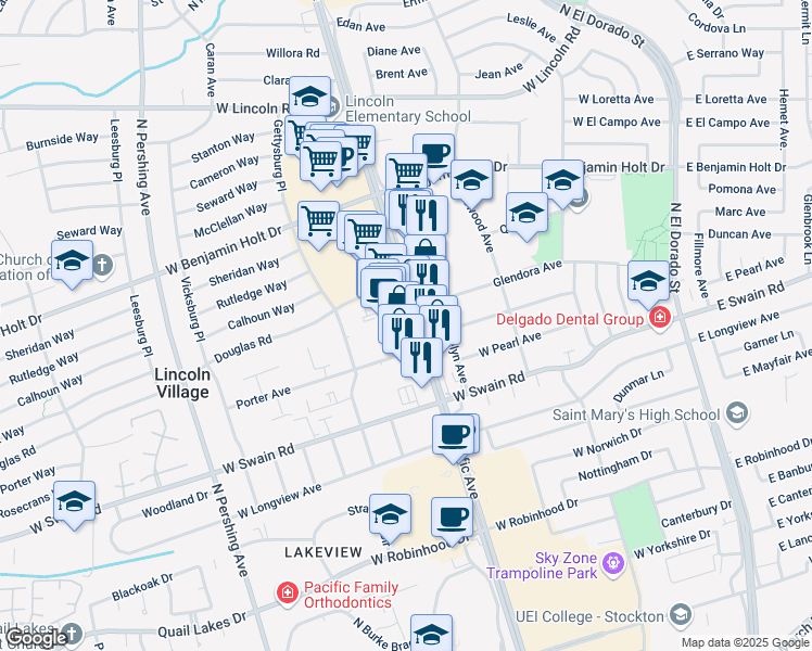 map of restaurants, bars, coffee shops, grocery stores, and more near 6239 Pacific Avenue in Stockton