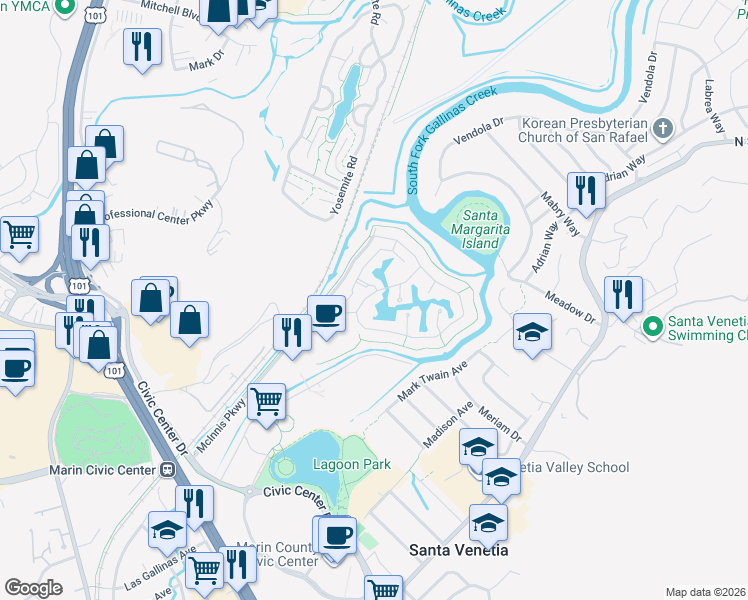 map of restaurants, bars, coffee shops, grocery stores, and more near 6 Bridgewater Drive in San Rafael