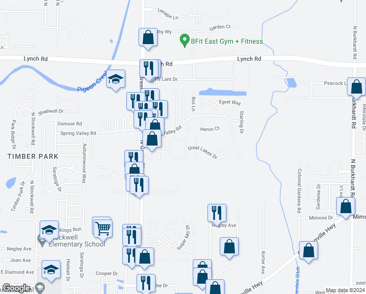 map of restaurants, bars, coffee shops, grocery stores, and more near 5170 Great Lakes Drive in Evansville