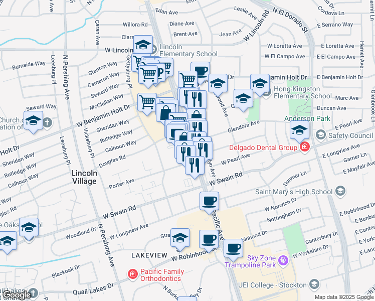 map of restaurants, bars, coffee shops, grocery stores, and more near 6239 Pacific Avenue in Stockton