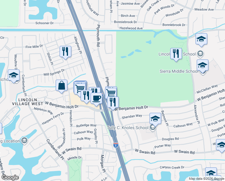 map of restaurants, bars, coffee shops, grocery stores, and more near 6721 Plymouth Road in Stockton
