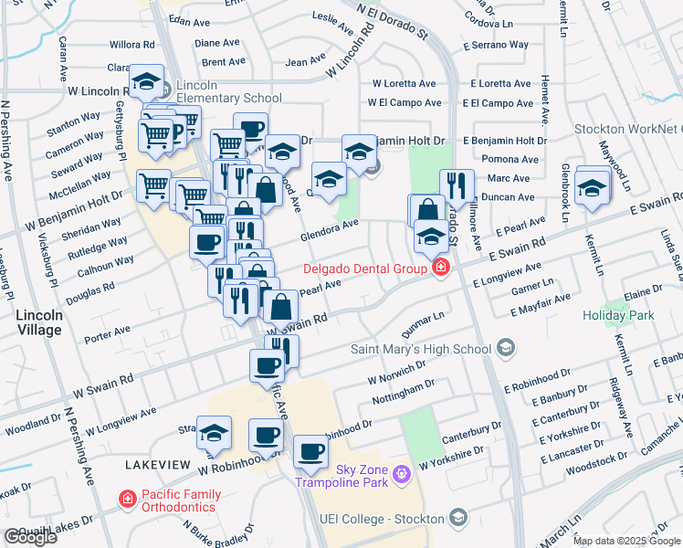 map of restaurants, bars, coffee shops, grocery stores, and more near 231 West Pearl Avenue in Stockton