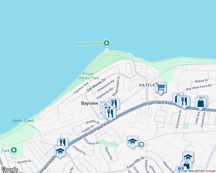 map of restaurants, bars, coffee shops, grocery stores, and more near 2294 Greenwich Road in San Pablo